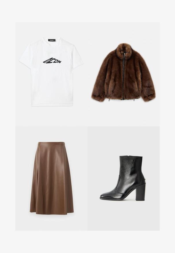 Rjava umetna krzna jakna z višjim ovratnikom, zadrgo in elastičnimi manšeti. Ima mehak teksturo in zaobljen dizajn za sproščen kroj.; Bela bombažna majica s črnim logom natisnjenim spredaj. Klasičen kroj s krožnim izrezom in kratkimi rokavi ter sproščenim fitom.; Rjava usnjena A-line krila z gladko teksturo in srednjo dolžino. Ima prilegajoč pas in rahlo razširitev od bokov.; Črne usnjene gležnarske čevlje z gladko teksturo, koničastim nosom in debelim visokim petam. Imajo stransko odprtino in minimalističen dizajn.