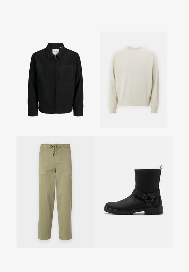 Czarna kurtka z zamkiem na całej długości, z kołnierzem i jedną kieszenią na piersi, umieszczona na białym tle.; Jasnobeżowa bluza wykonana z miękkiego materiału, z okrągłym dekoltem, długimi rękawami oraz ściągaczami przy mankietach i hemie. Minimalistyczny design, bez widocznych wzorów.; Jasnooliwkowe spodnie z bawełnianej mieszanki, z elastycznym pasem ze sznurkiem oraz dwoma dużymi bocznymi kieszeniami.; Czarne botki za kostkę z teksturowanej skóry, z bocznym paskiem z metalowymi akcentami i bieżnikowaną gumową podeszwą zapewniającą dobrą przyczepność.