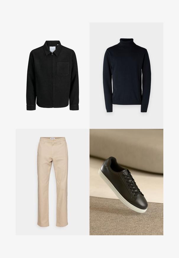 Black zip-up jacket with collar and single chest pocket, displayed on white background.; Dark navy turtleneck sweater made of soft, stretchy fabric. Features long sleeves and ribbed cuffs and hem. Simple, clean design.; Beige cotton trousers with a straight leg design, featuring a button closure, belt loops, and side pockets. Smooth texture.; Black leather sneaker with white rubber sole and black laces, positioned against a beige fabric surface and background.