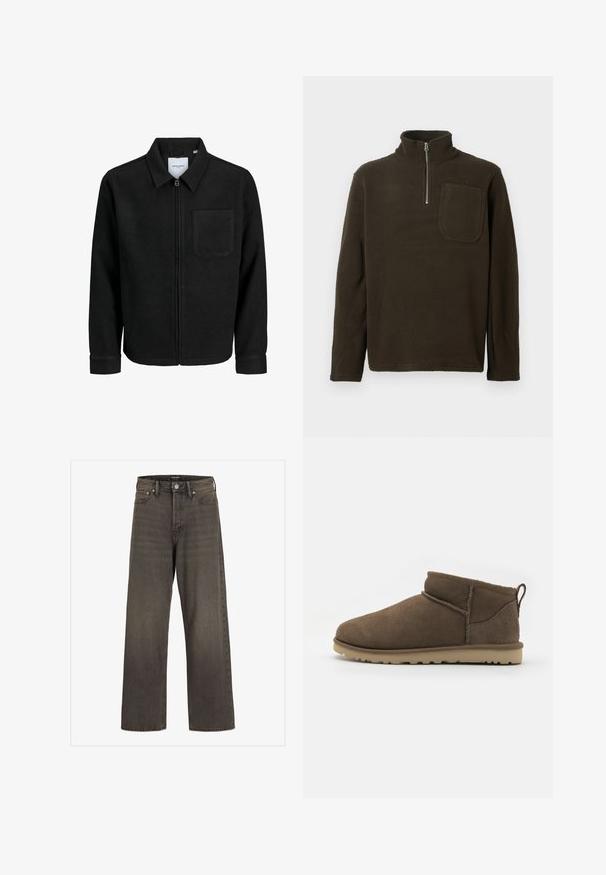 Fekete, zipzáros dzseki gallérral és egyetlen mellzsebbel, fehér háttéren.; Barna gyapjúpulóver magas gallérral, félig cipzárral és egy mellzsebből áll. Puha tapintású, laza szabású, hosszú ujjú.; Széles lábú farmernadrág sötétszürke denimből, magas derékkal, klasszikus öt zsebes kialakítással és kontrasztos varrással az illesztések mentén.; Rövid, barna velúr bokacsizmák lekerekített orral, látható varrással és texturált, könnyű gumitalppal, hátul húzófüllel.