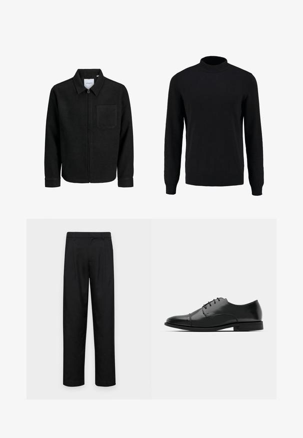 Crna jakna na zip s ovratnikom i jednim džepom na prsima, prikazana na bijeloj pozadini.; Crna pletena majica s visokim ovratnikom, dugim rukavima i rebrastim manžetama i rubom, s glatkom teksturom i klasičnom siluetom.; Crne hlače od glatkog materijala, s dizajnom ravnih nogavica, dva prednja nabora i standardnim pojasom s petljama za remen.; Crne kožne cipele s okruglim prstom, s vezanjem, suptilnim detaljima šivanja i niskim potplatima. Glatka tekstura s poliranim finišem.