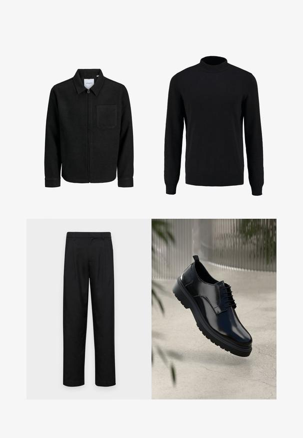 Fekete, zipzáros dzseki gallérral és egyetlen mellzsebbel, fehér háttéren.; Fekete kötött pulóver magas nyakkal, hosszú ujjakkal, bordás mandzsettákkal és alsó résszel, sima textúrával és klasszikus sziluettel.; Fekete nadrág sima anyagból, egyenes szárú fazonnal, két elülső redővel és közönséges derékkal, övhurkokkal.; Fekete bőr cipő fényes felülettel, kerek orral, fűzős kialakítással, kontrasztos varrással és vastag gumitalppal, amelyen barázdák találhatók.