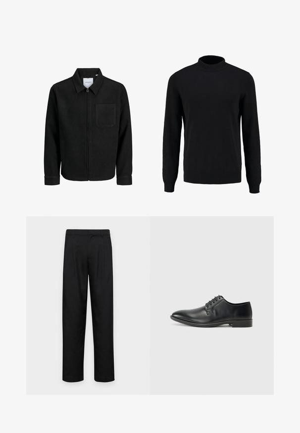 Melna jaka ar rāvējslēdzēju un apkakli, vienu krūšu kabatu, parādīta uz baltas fona.; Melnā adīta džemperis ar augstu apkakli, garām piedurknēm un ribotiem aprocēm un apakšmalu, ar gludu tekstūru un klasisku siluetu.; Melnas bikses, izgatavotas no gludas auduma, ar taisnu kāju dizainu, divām priekšējām krokām un standarta jostu, kurai ir āķi.; Melnas ādas šņorējamās kurpes ar gludu apdari, smailu purngalu un zemu bloku papēdi. Satur piecus acu pārus šņorēm.