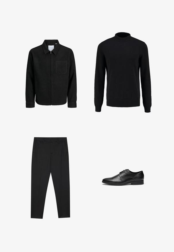 Chaqueta negra con cremallera y cuello, con un solo bolsillo en el pecho, expuesta sobre un fondo blanco.; Suéter negro de punto con cuello alto, mangas largas y puños y dobladillo acanalados, que presenta una textura suave y una silueta clásica.; Pier One Pantalones chinos - black; Zapato de vestir de cuero negro con textura suave, puntera redondeada y diseño de cordones con cuatro ojales. Presenta un tacón bajo y detalles cosidos.