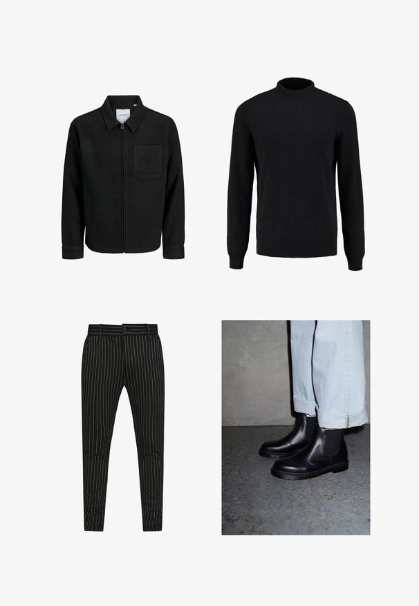 Czarna kurtka z zamkiem na całej długości, z kołnierzem i jedną kieszenią na piersi, umieszczona na białym tle.; Czarny sweter dzianinowy z wysokim kołnierzem, długimi rękawami oraz prążkowanymi mankietami i dołem, charakteryzujący się gładką teksturą i klasyczną sylwetką.; Czarne spodnie w paski z pionowymi białymi prążkami, o dopasowanym kroju, z zapięciem na guzik i szlufkami na pasek dla regulowanej szerokości.; Czarne skórzane botki Chelsea z elastycznymi panelami po bokach i teksturowaną gumową podeszwą, zestawione z jasnoniebieskimi jeansami z mankietami.