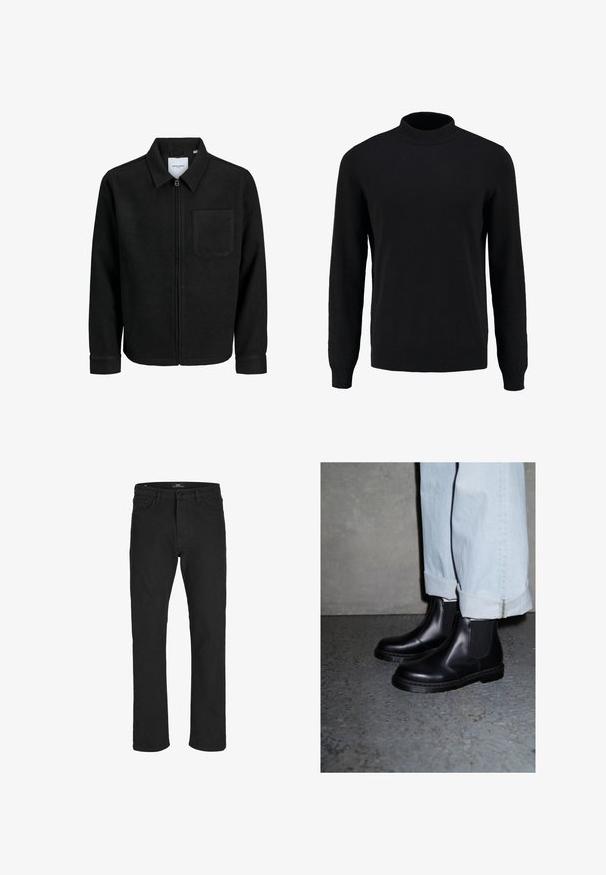 Crna jakna na zip s ovratnikom i jednim džepom na prsima, prikazana na bijeloj pozadini.; Crna pletena majica s visokim ovratnikom, dugim rukavima i rebrastim manžetama i rubom, s glatkom teksturom i klasičnom siluetom.; R.D.D. ROYAL DENIM DIVISION RDD - Traperice ravnih nogavica - black denim; Crne kožne Chelsea čizme s elastičnim bočnim panelima i teksturiranim gumennim potplatom, u paru s svijetloplavim farmerkama s omčom.