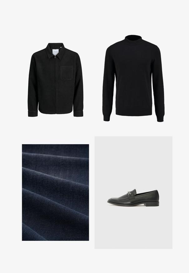 Čierna zipsová bunda s golierom a jednou náprsníkou, vystavená na bielom pozadí.; Čierny pletený sveter s vysokým golierom, dlhými rukávmi a rebrovanými manžetami a spodným okrajom, s hladkou textúrou a klasickým siluetou.; Tmavomodrá džínová tkanina s rebrovanou štruktúrou, ktorá zobrazuje záhyby a vlny, zvýrazňujúca jej hmotnosť a odolnosť.; Čierne kožené loafers s hladkým povrchom, s prešitým dizajnom a dekoratívnym kovovým reťazovým akcentom cez priehlavok. Plochý podpätok.