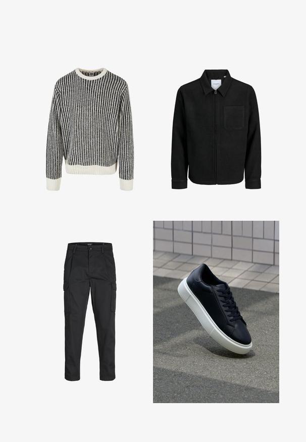 Černá zipová bunda s límečkem a jednou kapsou na hrudi, vystavená na bílém pozadí.; Svetr pletený s černobílými pruhy, s kulatým výstřihem, ribbovanou texturou a dlouhými rukávy. Spodní lem a manžety mají jednobarevné bílé akcenty.; Černé cargo kalhoty vyrobené z odolné tkaniny, s mnoha kapsami, knoflíkovým zapínáním a slim fit střihem se zúženými nohavicemi.; Černé kožené tenisky s kulatou špičkou a bílou gumovou podrážkou. mají ploché tkaničky a minimální šití na svršku. Texturovaná podrážka pro lepší přilnavost.