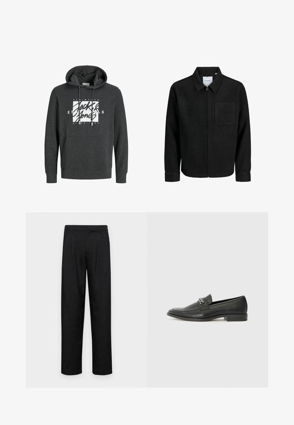 Czarna kurtka z zamkiem na całej długości, z kołnierzem i jedną kieszenią na piersi, umieszczona na białym tle.; Ciemnoszara bluza z kapturem wykonana z miękkiego materiału, z przednią kieszenią, sznurkiem do regulacji kaptura oraz dużym białym logo graficznym na klatce piersiowej.; Czarne spodnie wykonane z gładkiego materiału, z prostą nogawką, dwoma fałdami z przodu oraz standardowym paskiem z wypustkami na pasek.; Czarne skórzane mokasyny o gładkim wykończeniu, z haftowanym wzorem i dekoracyjnym akcentem z metalowego łańcucha na wierzchu. Płaska pięta.