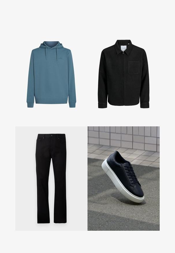 Čierna zipsová bunda s golierom a jednou náprsníkou, vystavená na bielom pozadí.; Mikina s kapucňou z mäkkého, štrukturovaného modrého materiálu. Obsahuje šnúrky, prednú vreckovú časť a malé logo na hrudi.; Čierne džínsy s rovnými nohavicami vyrobené z denimu, s predným zapínaním na gombík, dvoma bočnými vreckami a hladkou textúrou.; Čierne kožené tenisky s okrúhlou špičkou a bielou gumovou podrážkou. Majú ploché šnúrky a minimálne šitie na vrchu. Textúrovaná podrážka pre lepšiu priľnavosť.