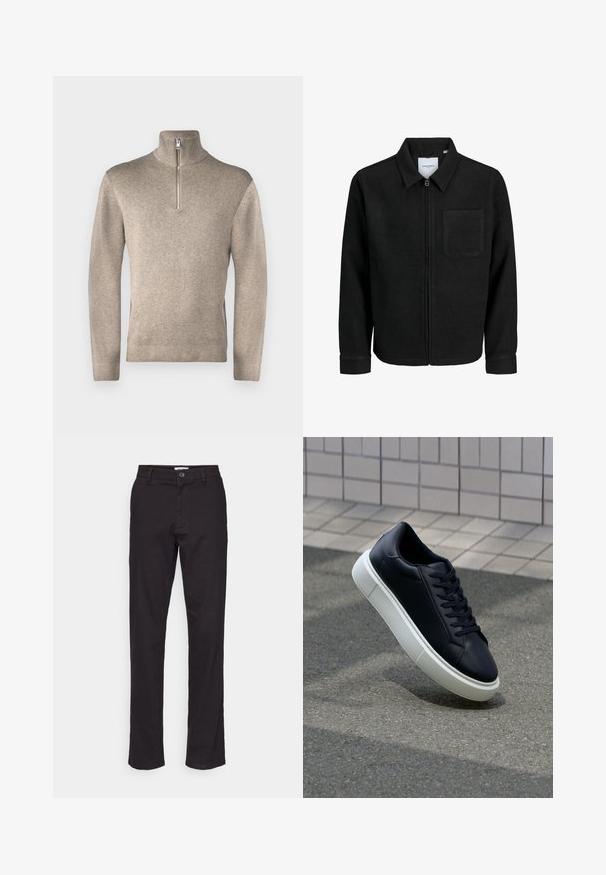 Sort lynlåsjakke med krave og en enkelt brystlomme, vist på hvid baggrund.; Jack & Jones PREMIUM JPRBLAMILANO HALF ZIP - Striktrøje - greige; Sorte bomuldsbukser med lige ben-design, fremhævet af en frontknap lukning og sidelommer. Glat tekstur og minimal dekoration.; Sort lædersneaker med rund tå og hvid gummisål. Har flade snørebånd og minimal syning på overdelen. Tekstureret sål for bedre greb.
