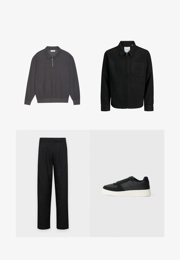 Fekete, zipzáros dzseki gallérral és egyetlen mellzsebbel, fehér háttéren.; Sötétszürke, hosszú ujjú póló, cipzáras gallérral, bordázott textúrával, rugalmas mandzsettákkal és oldalsó zsebekkel. Lezser és sokoldalú dizájn.; Fekete nadrág sima anyagból, egyenes szárú fazonnal, két elülső redővel és közönséges derékkal, övhurkokkal.; Fekete alacsony szárú sportcipő textúrált bőr és velúr panelekből, fehér gumitalppal és fekete fűzőkkel, egyszínű világos háttér előtt.