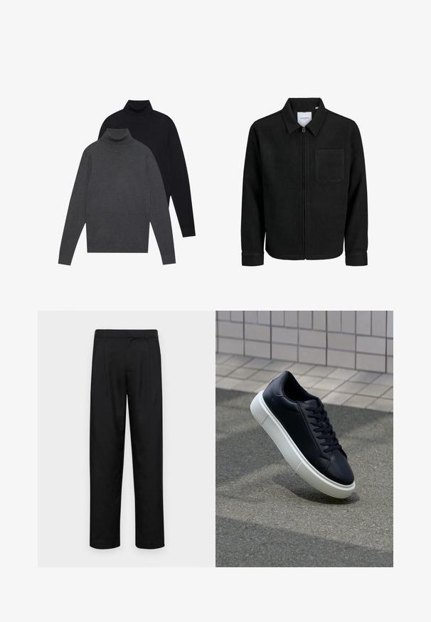 Čierna zipsová bunda s golierom a jednou náprsníkou, vystavená na bielom pozadí.; Dva preložené rolákové svetry s dlhým rukávom, uložené na sebe, predná strana v tmavosivej farbe a zadná strana v čiernej, na jednoduchom bielom pozadí.; Čierne nohavice vyrobené z hladkej tkaniny, s rovnými nohavicami, dvoma prednými skladmi a štandardným pásom s pútkami na opasok.; Čierne kožené tenisky s okrúhlou špičkou a bielou gumovou podrážkou. Majú ploché šnúrky a minimálne šitie na vrchu. Textúrovaná podrážka pre lepšiu priľnavosť.
