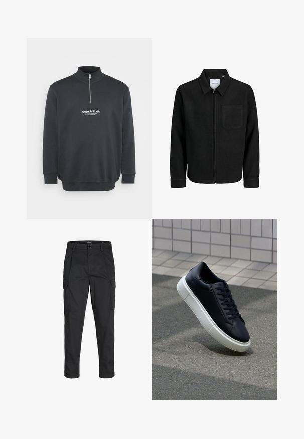 Zwarte zip-up jas met kraag en enkele borstzak, weergegeven op een witte achtergrond.; Jack & Jones JORVESTERBRO QUARTER ZIP - Sweater - forest river; Zwarte cargobroek van stevig stof, met meerdere zakken, een knoopsluiting en een slim fit ontwerp met taps toelopende benen.; Zwarte leren sneaker met een ronde neus en een witte rubberen zool. Voorzien van platte veters en minimale stiksels op het bovenwerk. Textuurrijke zool voor grip.