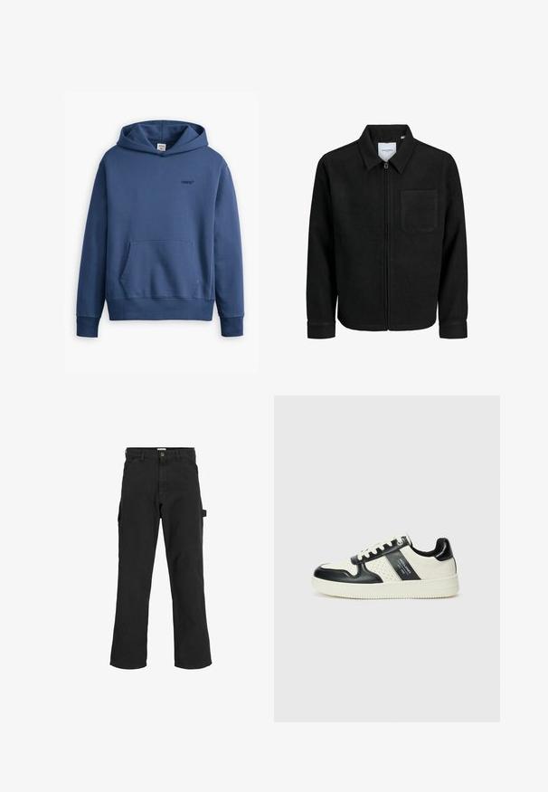 Fekete, zipzáros dzseki gallérral és egyetlen mellzsebbel, fehér háttéren.; Sötétkék kapucnis pulóver pamut keverékből készült. Elől zsebes, bordázott mandzsettákkal rendelkezik, és egy kis logó található a mellkason.; Fekete cargo nadrág pamut keverékből készült. Széles lábakkal, elöl ferdén zsebekkel és egy oldalsó zsebbel rendelkezik, amelyen egy hurok található kiegészítők számára.; Fekete és krém színű bőrsneaker, perforált díszítésekkel, párnázott bokapánttal és texturált talppal.