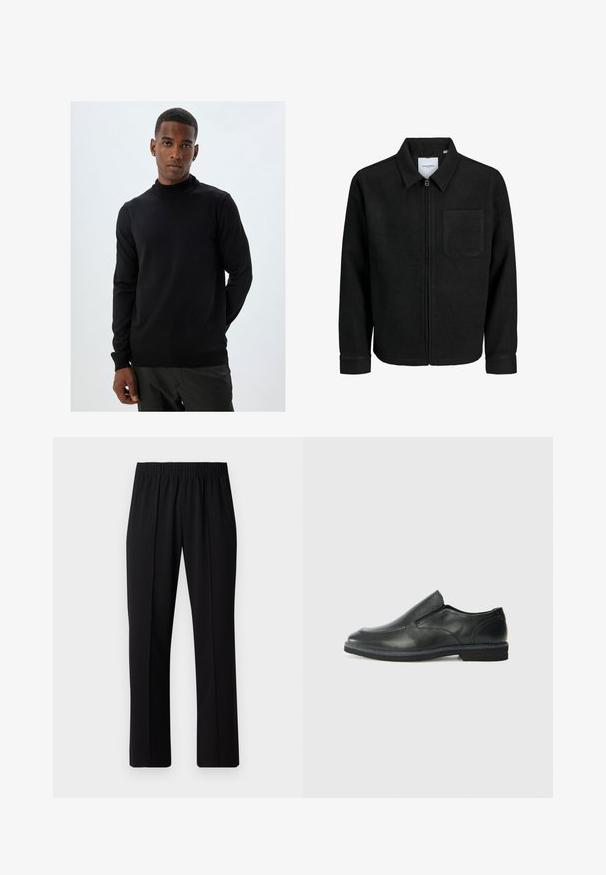 Musta vetoketjullinen takki, jossa on kaulus ja yksi rintatasku, esitelty valkoista taustaa vasten.; Musta poolneulepaita, joka on valmistettu pehmeästä neuloksesta. Siinä on pitkät hihat, vartalonmukainen muotoilu ja ribbirusket kololla ja helmassa.; Mustat, joustavat vyötäröhousut suoralla lahkeella, joissa on sileä pinta ilman näkyviä kuvioita tai metalliosia.; Musta nahkainen liukujalkine, jossa on sileä pinta, ommeltuja yksityiskohtia, pyöristetty kärki ja matala kumipohja. Pohjassa on minimaalinen pito.