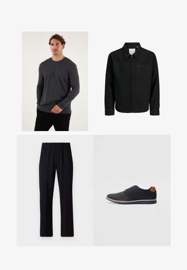 Schwarze Zip-Jacke mit Kragen und einer einzelnen Brusttasche, auf weißem Hintergrund präsentiert.; Graues, geripptes Langarm-T-Shirt mit Rundhalsausschnitt, strukturierter Stoff und taillierter Passform, kombiniert mit schwarzen Hosen vor neutralem Hintergrund.; Schwarze, Gummibund-Hosen mit geradem Schnitt, die eine glatte Textur aufweisen und keine sichtbaren Muster oder Beschläge haben.; Schwarze synthetische Schuhe mit einer strukturierten Oberseite, glatten Akzenten, braunem Absatz und einer kontrastierenden Sohle. Verfügt über minimale Schnürung und Nähdetails.