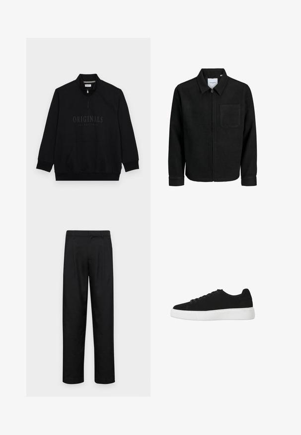 Chaqueta negra con cremallera y cuello, con un solo bolsillo en el pecho, expuesta sobre un fondo blanco.; Sudadera negra con cuello simulado con cremallera, bolsillo frontal y texto en relieve "ORIGINALS" en el pecho. Tejido suave con un corte regular.; Pantalones negros de tela suave, con un diseño de pierna recta, dos pliegues frontales y una cintura estándar con trabillas para el cinturón.; Zapatillas de ante negro con punta redonda, cordones en la parte delantera y suela de goma blanca. Diseño simple con acentos mínimos y textura suave.