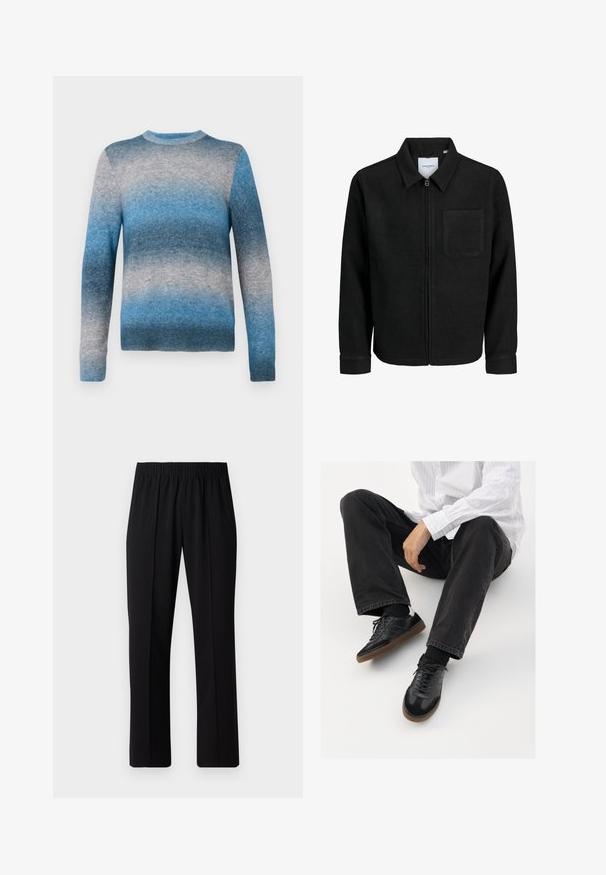 Fekete, zipzáros dzseki gallérral és egyetlen mellzsebbel, fehér háttéren.; Kék színátmenetes pulóver puha anyagból, kerek nyakkivágással, hosszú ujjal és bordás szegéllyel. A színek világos kéktől sötétkékig terjednek.; Fekete, gumíros derekú nadrág egyenes szabással, sima felülettel, látható minták vagy fémrészek nélkül.; Fekete tornacipők sima és texturált felsőrészel, gumitalppal és sötét cipőfűzőkkel. Fekete farmernadrággal és fehér csíkos inggel párosítva.