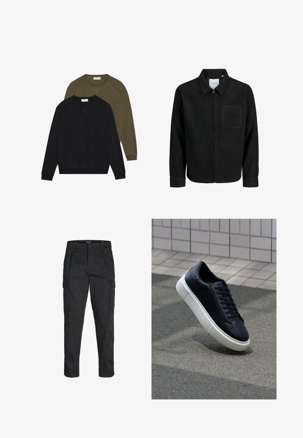 Musta vetoketjullinen takki, jossa on kaulus ja yksi rintatasku, esitelty valkoista taustaa vasten.; Kaksi crewneck-sweatshirtia, yksi musta ja toinen oliivinvihreä, raglan-hihoilla ja näkyvillä saumoilla. Pehmeä kankaan rakenne, ei kuvioita.; Mustat cargo-housut, jotka on valmistettu kestävästä kankaasta. Housuissa on useita taskuja, nappisulku ja kapea istuvuus, jossa on kapenevat lahkeet.; Mustat nahkakengät, joissa on pyöristetty kärki ja valkoinen kumipohja. Varusteena litteät nauhat ja minimaalinen ommel ylhäällä. Teksturoitu pohja pitävyyden lisäämiseksi.