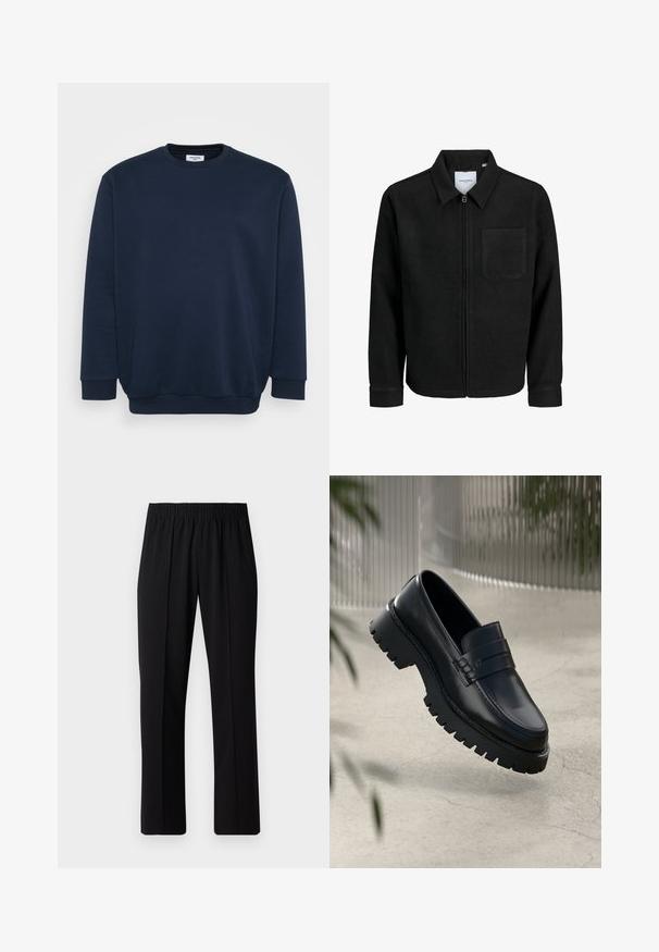 Juodas džemperis su užtrauktuku, apykakle ir vienu krūtiniu kišenėje, pristatytas baltame fone.; Tamsiai mėlynas džemperis, pagamintas iš minkštos medvilnės mišinio, su apvaliu kaklu, ilgomis rankovėmis ir aplikacija ant rankogalių bei apačios. Minimalistinis dizainas be raštų.; Juodos, elastingos juosmens kelnės su tiesiomis kojomis, turinčios lygų paviršių ir be matomų raštų ar detalių.; Juodi odiniai loafai su storesniu pado protektoriumi, turintys dekoratyvinę juostelę ir siuvinėjimo detales. Lygi tekstūra su blizgiu paviršiumi.