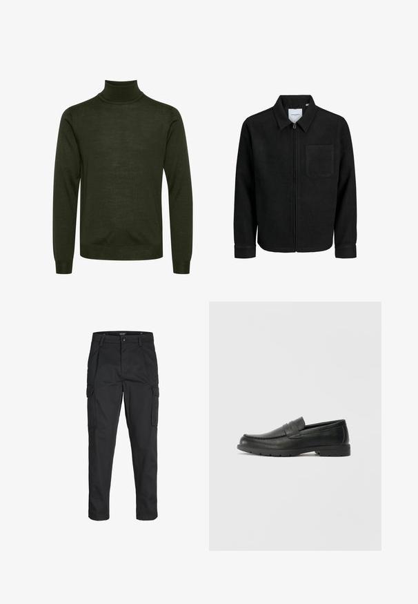Schwarze Zip-Jacke mit Kragen und einer einzelnen Brusttasche, auf weißem Hintergrund präsentiert.; Dunkelgrüner Langarm-Turtleneck-Pullover mit gerippten Bündchen und Saum, der eine glatte Stricktextur aufweist.; Schwarze Cargo-Hose aus robustem Material, mit mehreren Taschen, einem Knopfverschluss und einem Slim-Fit-Design mit schmal zulaufenden Beinen.; Schwarze Lederloafers mit glatter Oberfläche, Mokassin-oberteil, genähten Details und Gummisohle. Klassisches Design mit niedrigem Absatz.