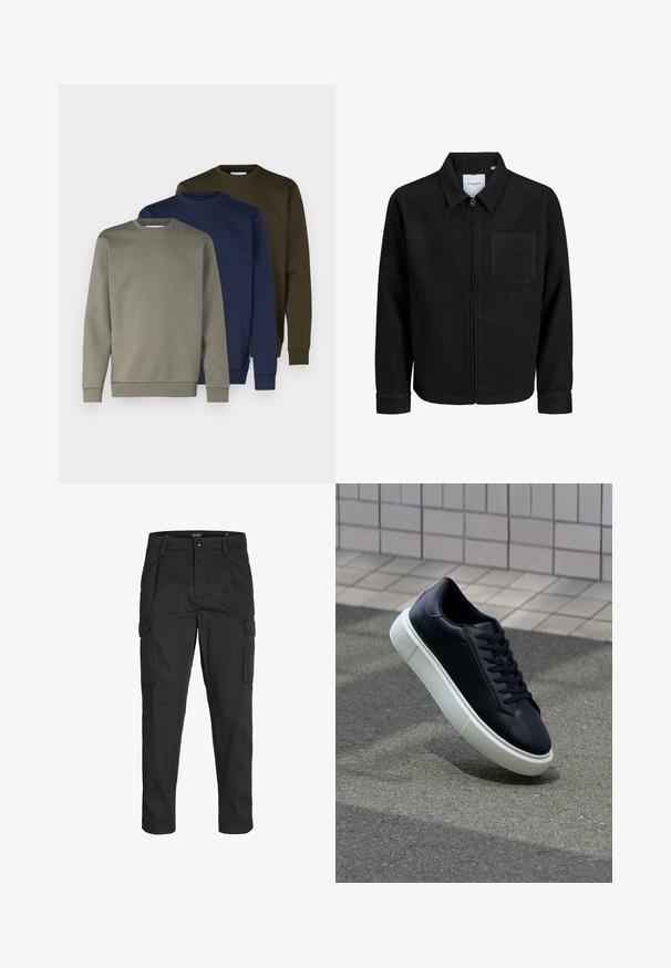 Čierna zipsová bunda s golierom a jednou náprsníkou, vystavená na bielom pozadí.; Tričko s okrúhlym výstrihom v olivovo zelenej, námorníckej modrej a svetlo šedej farbe. Bavlnený materiál s rebrovanými manžetami a lemom. Hladká textúra, jednoduchý dizajn.; Čierne cargo nohavice z odolnej látky, s viacerými vreckami, gombíkovým zapínaním a úzkym strihom so zúženými nohavicami.; Čierne kožené tenisky s okrúhlou špičkou a bielou gumovou podrážkou. Majú ploché šnúrky a minimálne šitie na vrchu. Textúrovaná podrážka pre lepšiu priľnavosť.
