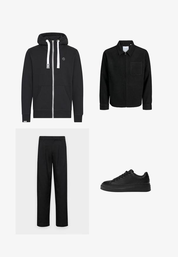 Giacca nera con zip, colletto e una tasca sul petto, mostrata su sfondo bianco.; Felpa nera con zip realizzata in misto cotone. Presenta una zip argento, lacci bianchi, tasche frontali e una toppa con logo sul petto.; Pantaloni neri realizzati in tessuto liscio, caratterizzati da un taglio dritto, due pieghe frontali e una vita standard con passanti per la cintura.; Sneaker nera realizzata in pelle liscia, con punta rotonda, suola piatta spessa e design classico con lacci a sei occhielli.