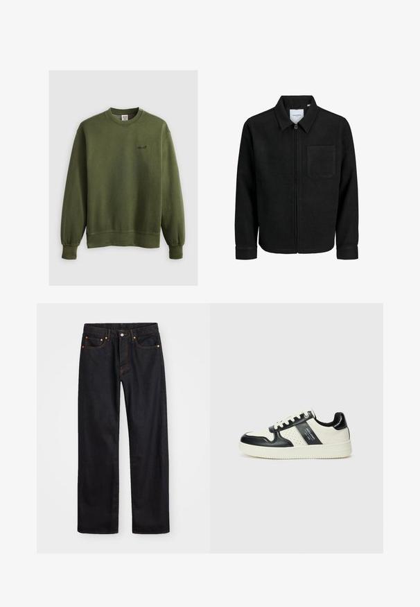Fekete, zipzáros dzseki gallérral és egyetlen mellzsebbel, fehér háttéren.; Zöld crewneck pulóver, puha anyagból készült, bordás mandzsettákkal és egy kis hímzett logóval a mellkason. Klasszikus szabás, minta nélkül.; Férfi egyenes szabású fekete farmernadrág öt zsebbel és narancssárga varrással, gombos és cipzáros záródással elöl.; Fekete és krém színű bőrsneaker, perforált díszítésekkel, párnázott bokapánttal és texturált talppal.