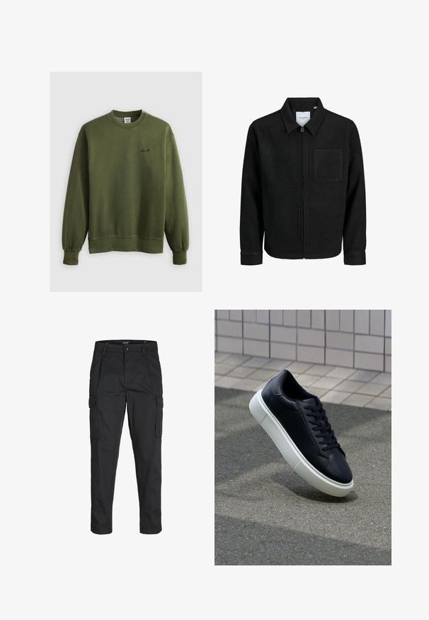 Black zip-up jacket with collar and single chest pocket, displayed on white background.; Green crewneck sweatshirt made of soft fabric, featuring ribbed cuffs and a small embroidered logo on the chest. Classic fit without any patterns.; Black cargo pants made of sturdy fabric, featuring multiple pockets, a button closure, and a slim fit design with tapered legs.; Black leather sneaker with rounded toe and white rubber sole. Features flat laces and minimal stitching on the upper. Textured sole for grip.