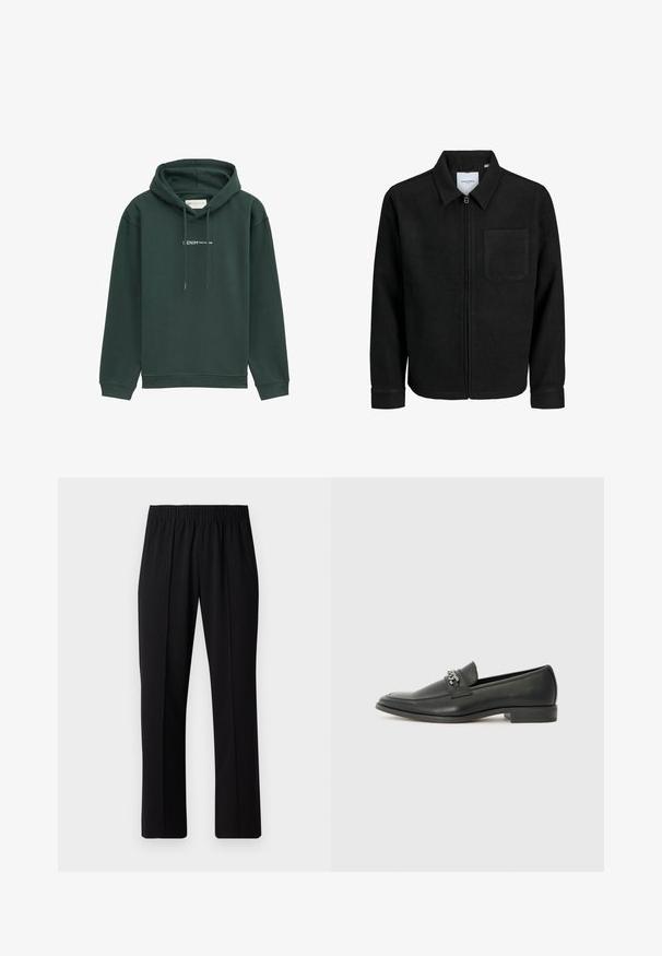 Black zip-up jacket with collar and single chest pocket, displayed on white background.; Green hooded sweatshirt made of soft fabric, featuring a front pocket and drawstrings. The chest displays white text logo.; Black, elastic-waist trousers with a straight-leg design, featuring a smooth texture and no visible patterns or hardware.; Black leather loafer with a smooth finish, featuring a stitched design and a decorative metal chain accent across the vamp. Flat heel.