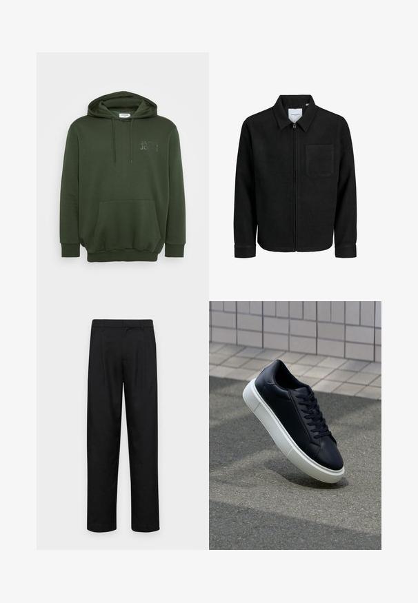 Musta vetoketjullinen takki, jossa on kaulus ja yksi rintatasku, esitelty valkoista taustaa vasten.; Oliivinvihreä huppari, jossa on etutasku, nyörillä säädettävä huppu ja kohokuvioitu logo rinnassa. Valmistettu pehmeästä, tekstuurilla varustetusta kankaasta.; Mustat housut, jotka on valmistettu sileästä kankaasta, suoran lahkeen muotoilulla, kahdella etupleekillä ja tavanomaisella vyötäröllä, jossa on vyölenkit.; Mustat nahkakengät, joissa on pyöristetty kärki ja valkoinen kumipohja. Varusteena litteät nauhat ja minimaalinen ommel ylhäällä. Teksturoitu pohja pitävyyden lisäämiseksi.