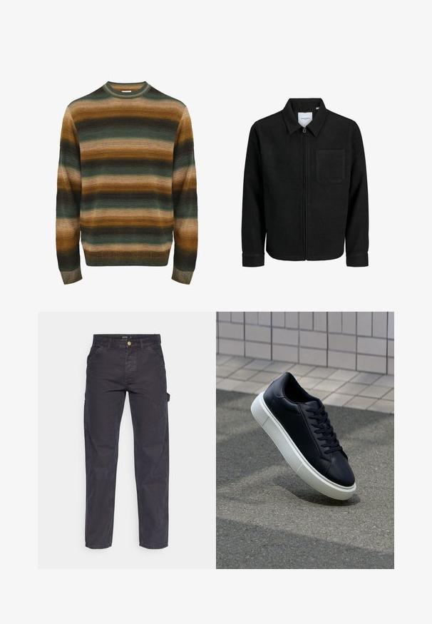 Veste zippée noire avec col et poche poitrine unique, présentée sur fond blanc.; Pull rayé dans des nuances de vert, marron et beige. Présente une texture côtelée, un col rond et des manches longues avec un bord ajusté.; Pantalons cargo gris foncé en tissu durable, avec une coupe droite, cinq poches et une fermeture à bouton à la taille.; Baskets noires en cuir avec bout arrondi et semelle en caoutchouc blanc. Elles présentent des lacets plats et une couture minimale sur la tige. Semelle texturée pour une bonne adhérence.