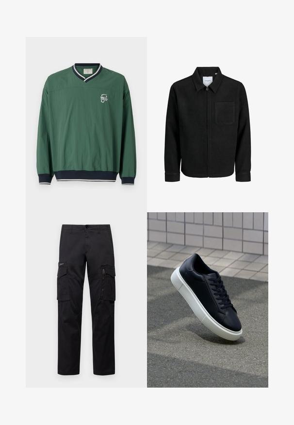 Černá zipová bunda s límečkem a jednou kapsou na hrudi, vystavená na bílém pozadí.; Zelený svetr s výstřihem do V, kontrastním námořnickým žebrovaným límcem a elastickými manžetami. Na prsou je malé bílé logo. Lehce navržený materiál.; Černé cargo kalhoty s několika kapsami, zipovou kapsou na stehnu, přímým střihem a pevnou bavlněnou tkaninou s lehkým leskem.; Černé kožené tenisky s kulatou špičkou a bílou gumovou podrážkou. mají ploché tkaničky a minimální šití na svršku. Texturovaná podrážka pro lepší přilnavost.