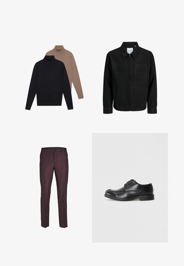 Mustaga lukuga jakker, millel on krae ja üks rinna-tasku, esitatud valgel taustal.; Kaks pikka varrukat ja kõrge kaelusega sviitrit, üks must ja teine heledat pruun, pehmest kudumist valmistatud, istuva disaini ja soonikkoes mansettidega.; Burgundia värvi kehasobivad püksid, millel on velputtag, vöökohad ja ühe nupuga sulgemine. Valmistatud siledast kangast.; Mustad mustad nahast kinnituskingad ümmarguse varbaga, sileda pinnaga ja madala kandaga. Omab õmblemise detaile ülemise osa ja külgede juures.