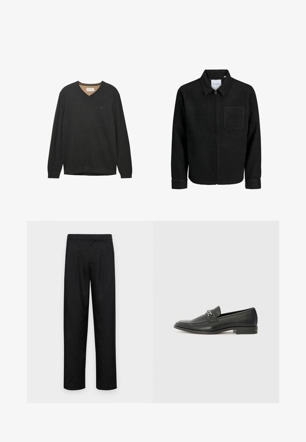 Sort lynlåsjakke med krave og en enkelt brystlomme, vist på hvid baggrund.; Sort V-hals sweater med lange ærmer, lavet af et blødt, tekstureret stof. Har et diskret logo på brystet og ribstrikket halsudskæring og manchetter.; Sorte bukser lavet af glat stof, med et lige ben-design, to frontfolder og en standard talje med bæltestropper.; Sorte læder loafers med en glat finish, der har et syet design og et dekorativt metal kædeaccent hen over vamps. Flad hæl.