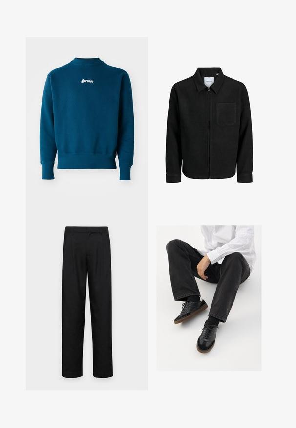 Melna jaka ar rāvējslēdzēju un apkakli, vienu krūšu kabatu, parādīta uz baltas fona.; Tīklaina bluza ar ribota izmēra piedurknēm un apakšmalu, kas rotāta ar baltu izšūtu "Service" logotipu augšējā mugurā. Mīksta tekstūra un apaļais kakls.; Melnas bikses, izgatavotas no gludas auduma, ar taisnu kāju dizainu, divām priekšējām krokām un standarta jostu, kurai ir āķi.; Melnas sporta kurpes ar gludu un teksturētu virsu, apgādātas ar gumijas zoli un tumšiem auklām. Saskaņotas ar melniem džinsiem un baltu svītrainu krekls.