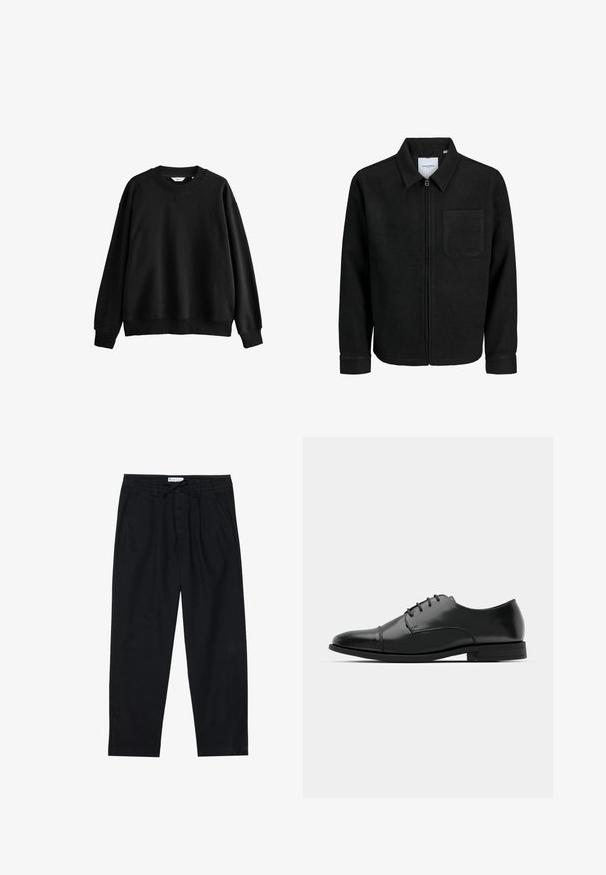 Schwarze Zip-Jacke mit Kragen und einer einzelnen Brusttasche, auf weißem Hintergrund präsentiert.; Schwarzer Sweatshirt aus Baumwollmischung, mit rundem Ausschnitt, überschnittenen Schultern, gerippten Bündchen und einem lässigen, kastigen Schnitt.; Pier One Chino - black; Schwarzer Leder-Dieerschuh mit runder Zehenform, Schnürdesign, dezenten Nähdetails und niedrigem Absatz. Glatte Textur mit polierter Oberfläche.