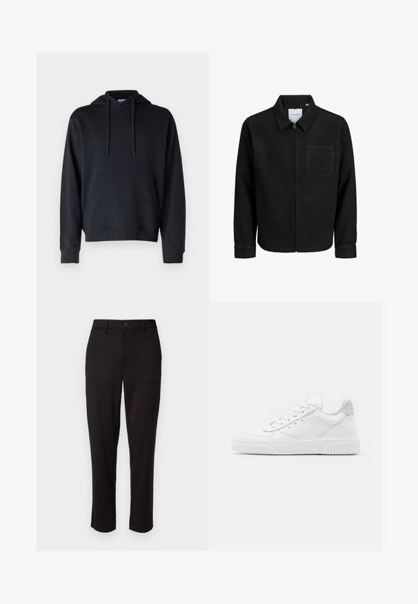 Czarna kurtka z zamkiem na całej długości, z kołnierzem i jedną kieszenią na piersi, umieszczona na białym tle.; Czarna bluza z kapturem wykonana z dzianiny bawełnianej, z kieszenią typu kangur, regulowanym sznurkiem i ściągaczami przy mankietach oraz u dołu. Prosty design.; Czarne spodnie wykonane z lekkiego materiału, posiadające prostą nogawkę, zapięcie na guziki z przodu, szlufki na pasek oraz boczne kieszenie.; Białe skórzane trampki o gładkim wykończeniu, zaokrąglonym nosku, płaskich sznurówkach i teksturowanej podeszwie. Szary zamszowy akcent na pięcie.