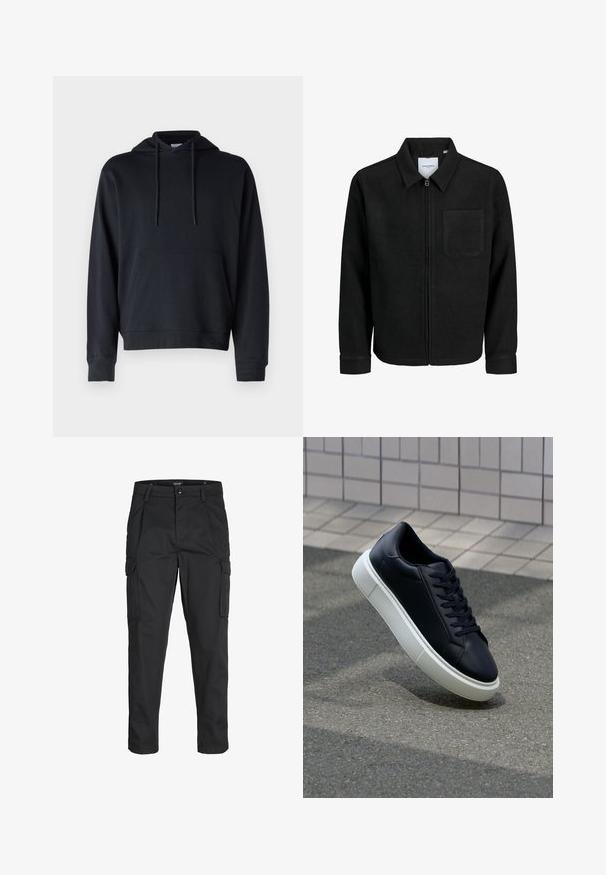 Giacca nera con zip, colletto e una tasca sul petto, mostrata su sfondo bianco.; Hoodie nero realizzato in tessuto misto cotone, caratterizzato da una tasca a marsupio, cordini regolabili e polsini e orlo a costine. Design semplice.; Pantaloni cargo neri realizzati in un tessuto resistente, dotati di molteplici tasche, chiusura con bottone e un design aderente con gambe affusolate.; Sneaker in pelle nera con punta arrotondata e suola in gomma bianca. Presenta lacci piatti e cuciture minime sulla parte superiore. Suola testurizzata per una migliore aderenza.