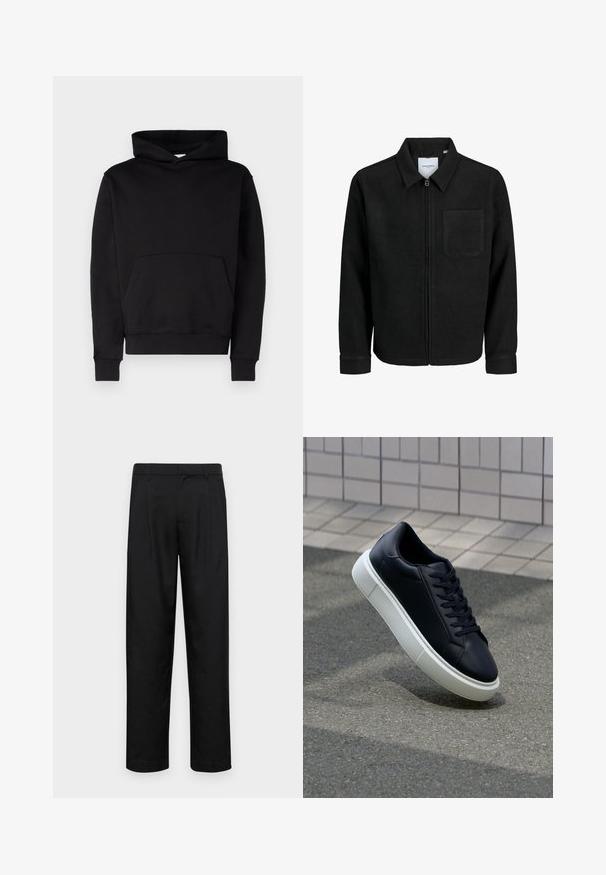 Jachetă neagră cu fermoar, cu guler și un singur buzunar pe piept, expusă pe fundal alb.; Hanorac negru din material moale, cu buzunar tip kangur, mansete din bumbac elastic și glugă cu șnur. Fără modele sau logo-uri vizibile.; Pantaloni negri dintr-un material neted, cu un design drept, două pliuri frontale și un tiv standard cu bucle pentru curea.; Tenis cu piele neagră, cu vârful rotund și talpă din cauciuc alb. Are șireturi plate și cusături minime pe suprafață. Tălpile texturate oferă aderență.