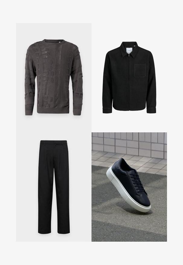 Black zip-up jacket with collar and single chest pocket, displayed on white background.; Dark gray knitted sweater featuring varied textured patterns, long sleeves, and a crew neckline. Ribbed hem and cuffs complete the design.; Black trousers made of smooth fabric, featuring a straight-leg design, two front pleats, and standard waistband with belt loops.; Black leather sneaker with rounded toe and white rubber sole. Features flat laces and minimal stitching on the upper. Textured sole for grip.
