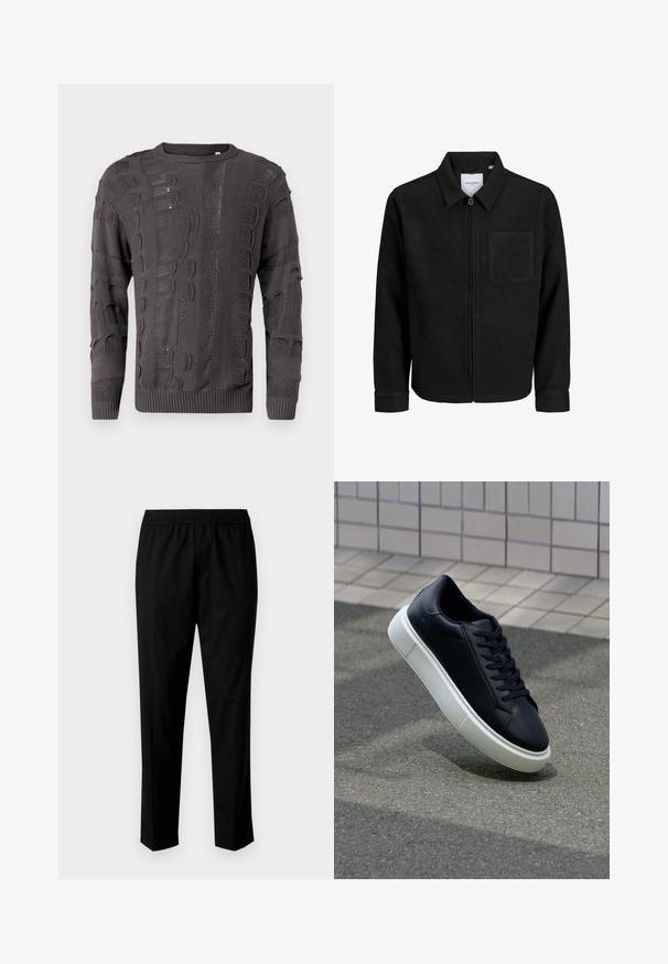 Jachetă neagră cu fermoar, cu guler și un singur buzunar pe piept, expusă pe fundal alb.; Pulover tricotat de culoare gri închis, cu modele texturate variate, mâneci lungi și decolteu la baza gâtului. Marginea și manșetele ribbenate completează designul.; Pantaloni negri cu talie elastică, având un design cu picior drept. Țesătura pare netedă, cu o textură mată, fără modele vizibile.; Tenis cu piele neagră, cu vârful rotund și talpă din cauciuc alb. Are șireturi plate și cusături minime pe suprafață. Tălpile texturate oferă aderență.
