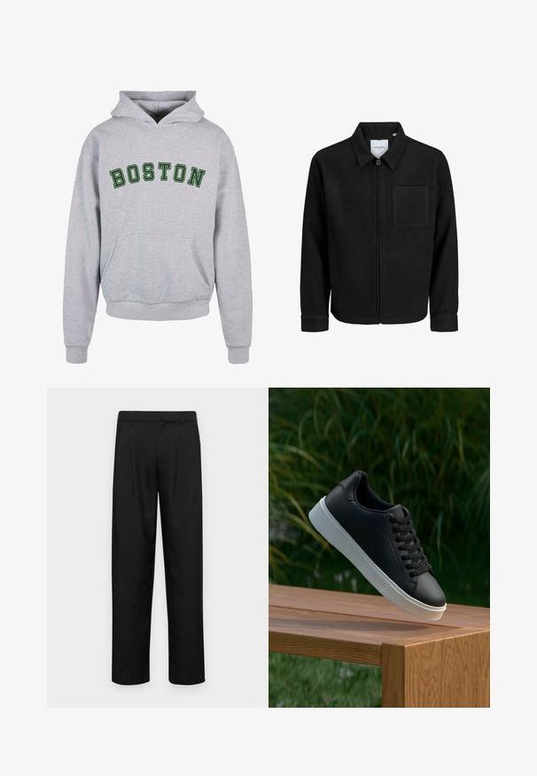 Čierna zipsová bunda s golierom a jednou náprsníkou, vystavená na bielom pozadí.; Šedá mikina s kapucňou a prednou vreckom, na ktorom je nápis "BOSTON" v tmavozelených zakrivených písmenách naprieč hrudníkom. Klasický dizajn s kapucňou na šnúrku.; Čierne nohavice vyrobené z hladkej tkaniny, s rovnými nohavicami, dvoma prednými skladmi a štandardným pásom s pútkami na opasok.; Čierne kožené tenisky s hladkým povrchom, biela gumená podrážka a šesť dierok na šnúrky, vystavené na drevenom povrchu.