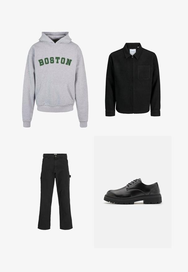 Mustaga lukuga jakker, millel on krae ja üks rinna-tasku, esitatud valgel taustal.; Hallide säärik, millel on ees tasku, millel on rinna kohal tumerohelises kaares kirjas "BOSTON". Klassikaline disain, millel on paelaga kapuuts.; Mustad seljandavad püksid puuvilla ja sünteetilise segu kangast. Omavad laiu jalgu, ees kaldus taskuid ning külgtaskut, millel on tarvikute jaoks silmus.; Mustad mustad nahast jalanõud, millel on ümardatud varvas, paeltega disain ja paks, tekstuuriga kummitald. Omab äärte pikeeringut ja siledat viimistlust.