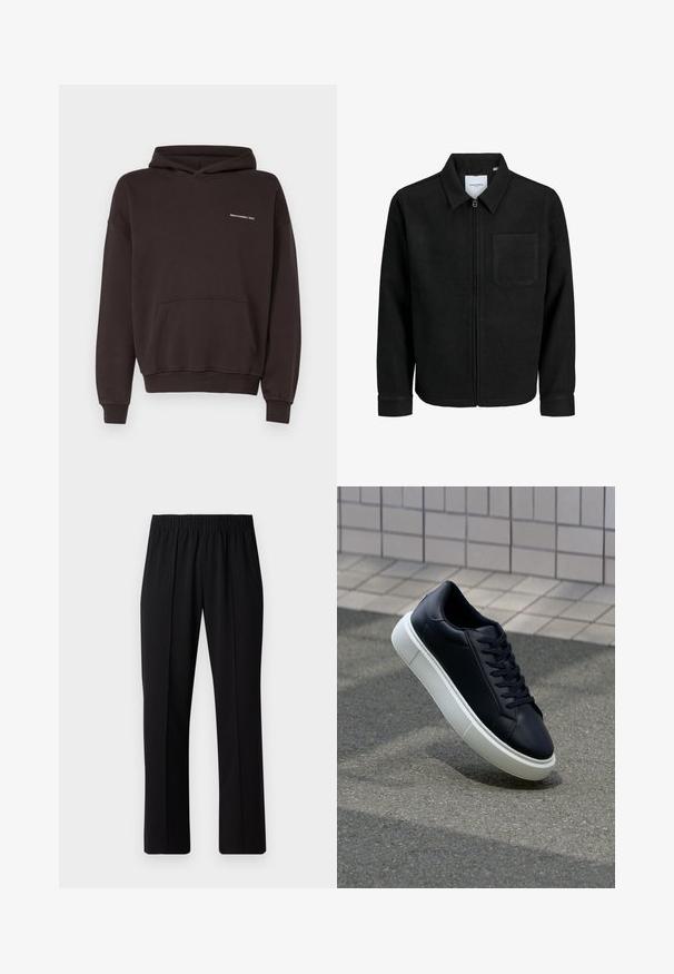 Black zip-up jacket with collar and single chest pocket, displayed on white background.; Abercrombie & Fitch Micro-Logo Popover Hoodie - Sweatshirt - after dark; Black, elastic-waist trousers with a straight-leg design, featuring a smooth texture and no visible patterns or hardware.; Black leather sneaker with rounded toe and white rubber sole. Features flat laces and minimal stitching on the upper. Textured sole for grip.