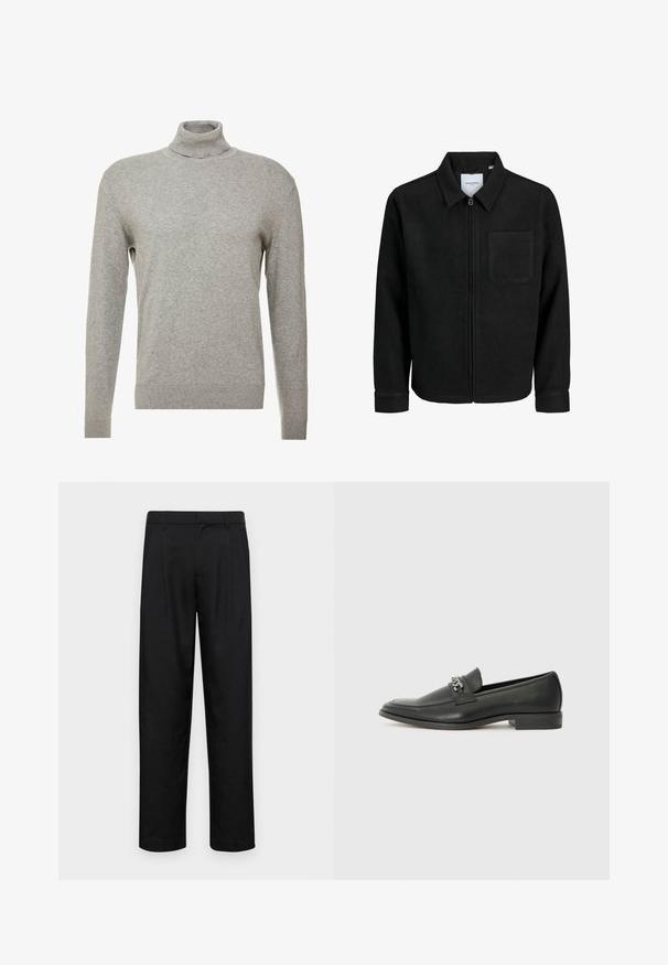 Čierna zipsová bunda s golierom a jednou náprsníkou, vystavená na bielom pozadí.; Sivý pulóver s vysokým golierom a dlhými rukávmi. Vyrobený z hladkého, mäkkého materiálu s priliehavým strihom a rebrovanými akcentmi na leme.; Čierne nohavice vyrobené z hladkej tkaniny, s rovnými nohavicami, dvoma prednými skladmi a štandardným pásom s pútkami na opasok.; Čierne kožené loafers s hladkým povrchom, s prešitým dizajnom a dekoratívnym kovovým reťazovým akcentom cez priehlavok. Plochý podpätok.