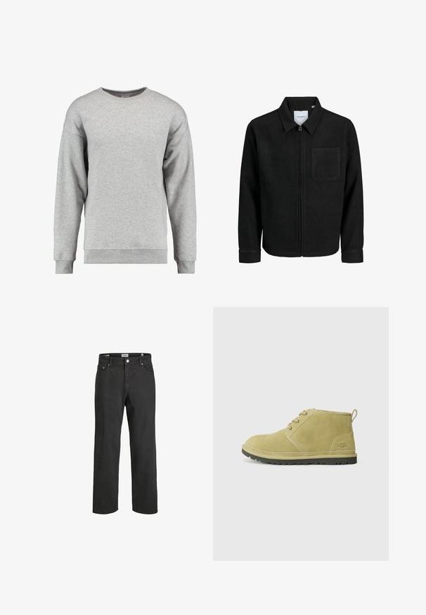 Černá zipová bunda s límečkem a jednou kapsou na hrudi, vystavená na bílém pozadí.; Šedá mikina s kulatým výstřihem vyrobená z měkké bavlny. Má dlouhé rukávy, žebrované manžety a lem, a jednoduchý, nezdobený design.; Černé rovné džínsy vyrobené z bavlny, s klasickým pětioktalovým designem, zapínáním na knoflík a jemnými švy.; Světle zelené semišové kotníkové boty s kulatou špičkou, šněrováním, gumovou podešví a poutkem na zadní straně. Obsahují jemné logo na boku.