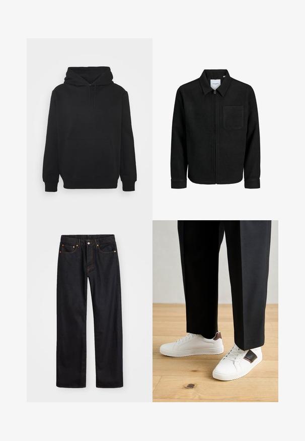 Chaqueta negra con cremallera y cuello, con un solo bolsillo en el pecho, expuesta sobre un fondo blanco.; Sudadera con capucha negra de tela suave, con un bolsillo canguro, capucha con cordón y puños acanalados. Diseño liso sin patrones.; Jeans de mezclilla negros de pierna recta para hombre, con cinco bolsillos y costuras en color naranja, cierre de botón y cremallera en la parte delantera de la cintura.; Zapatillas blancas con textura suave, con acentos de cuero marrón y detalles en negro, combinadas con pantalones negros ajustados. Fondo de suelo de madera.