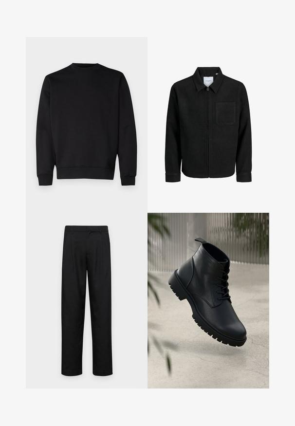 Musta vetoketjullinen takki, jossa on kaulus ja yksi rintatasku, esitelty valkoista taustaa vasten.; Mustapaita, joka on valmistettu pehmeästä kankaasta, jossa on pyöreä kaula-aukko, pitkät hihat ja ribbaudet hihasuissa sekä helmassa tiukemman ilmeen saamiseksi.; Mustat housut, jotka on valmistettu sileästä kankaasta, suoran lahkeen muotoilulla, kahdella etupleekillä ja tavanomaisella vyötäröllä, jossa on vyölenkit.; Mustat nahka nilkkurit, joissa on pyöreä kärki, nauhakiinnitys ja kova kumipohja. Sujuva pinta, jossa on vetoketju takana.